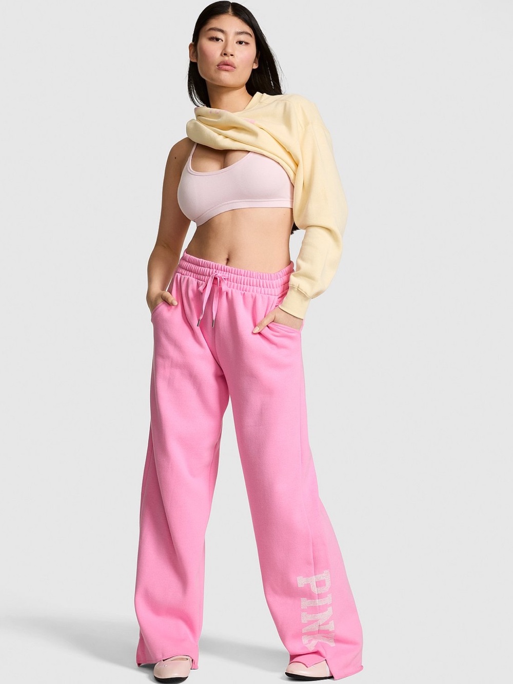 🆕💗 PINK Wide Leg Split Hem Fleece Sweatpants Victoria’s Secret XS Regular NWT